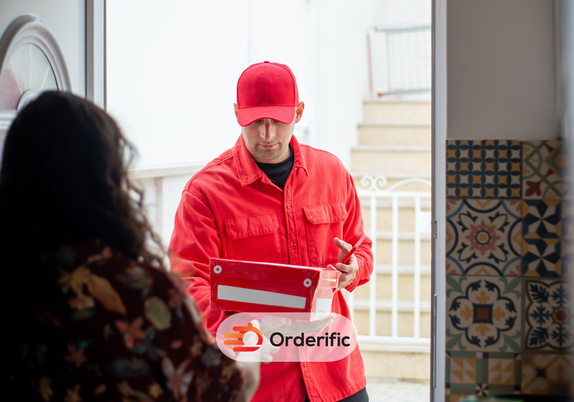 The picture depicts a person from "Deli 4 You" delivering a package